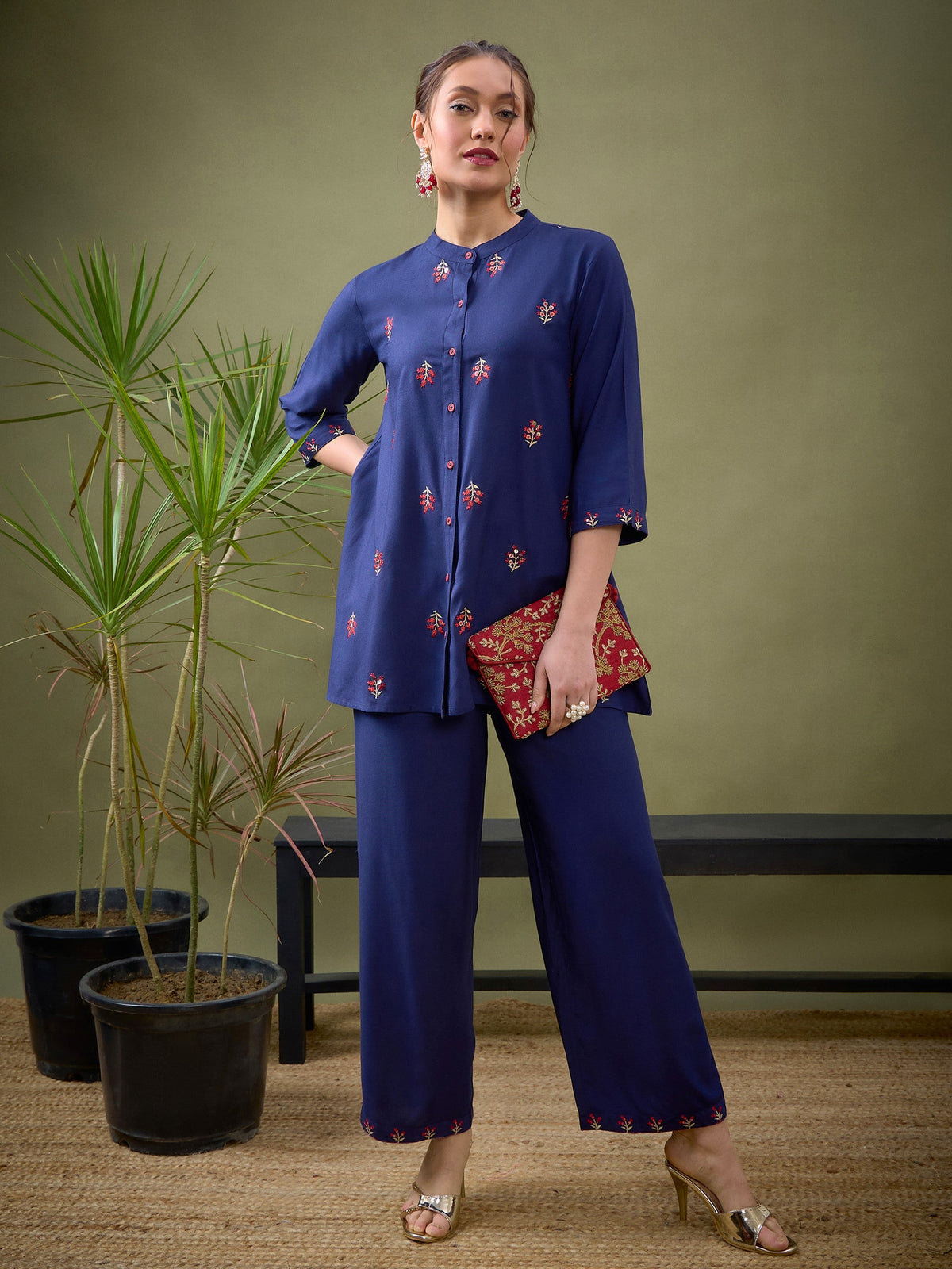 Royal Blue All Over Embroidered Shirt With Palazzos-Shae by SASSAFRAS