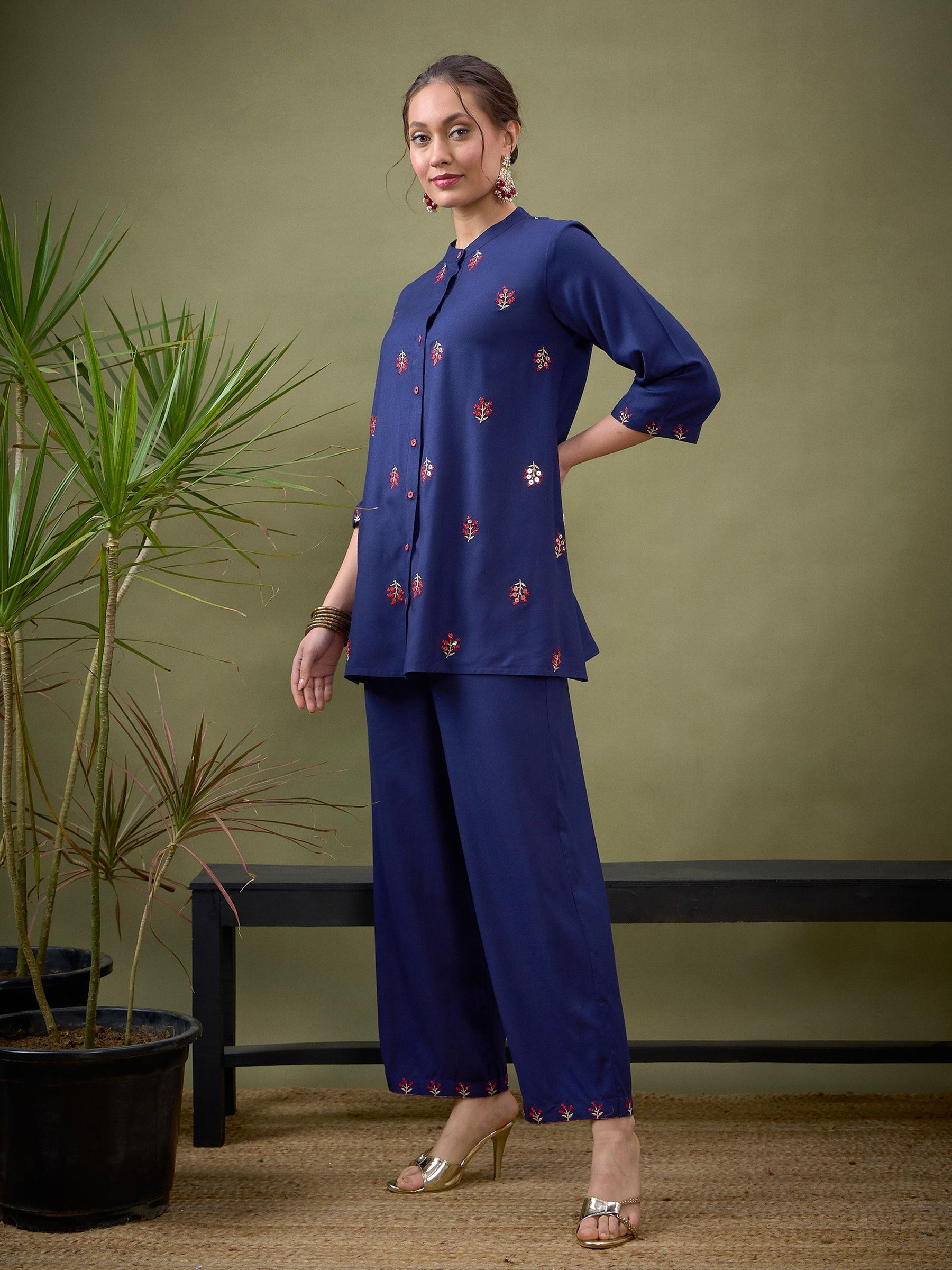 Royal Blue All Over Embroidered Shirt With Palazzos-Shae by SASSAFRAS