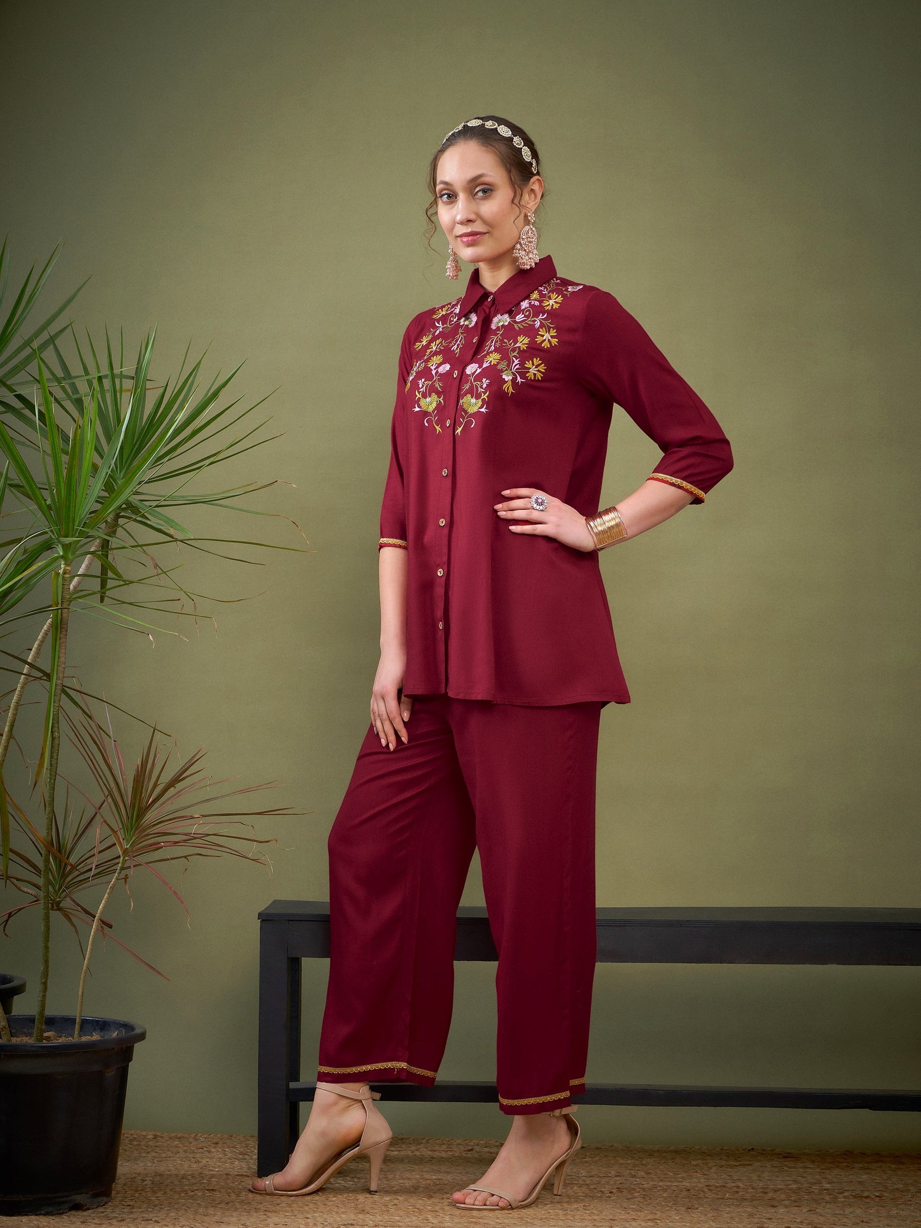 Maroon Front Embroidered Shirt With Palazzos-Shae by SASSAFRAS