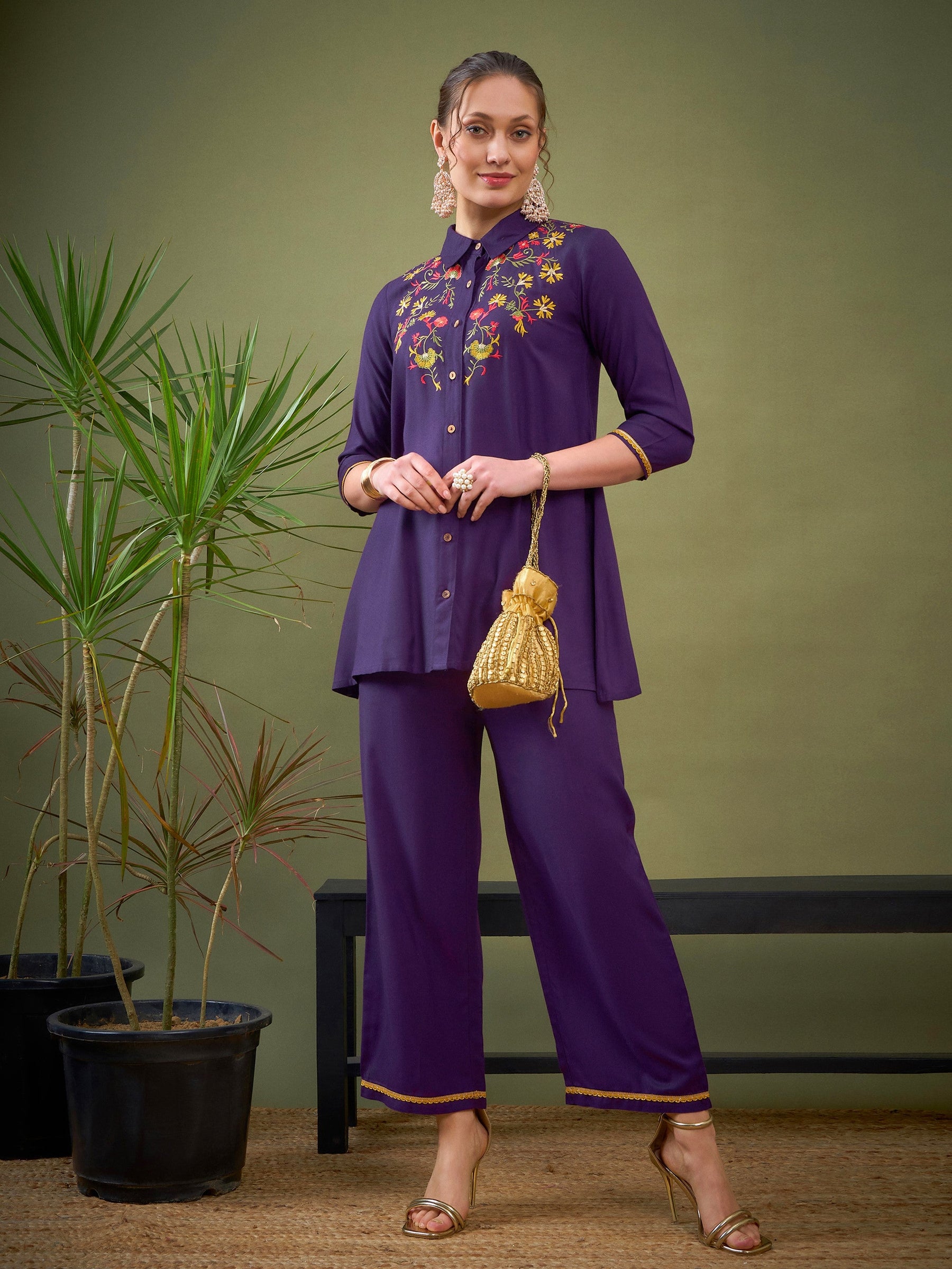 Purple Front Embroidered Shirt With Palazzos-Shae by SASSAFRAS