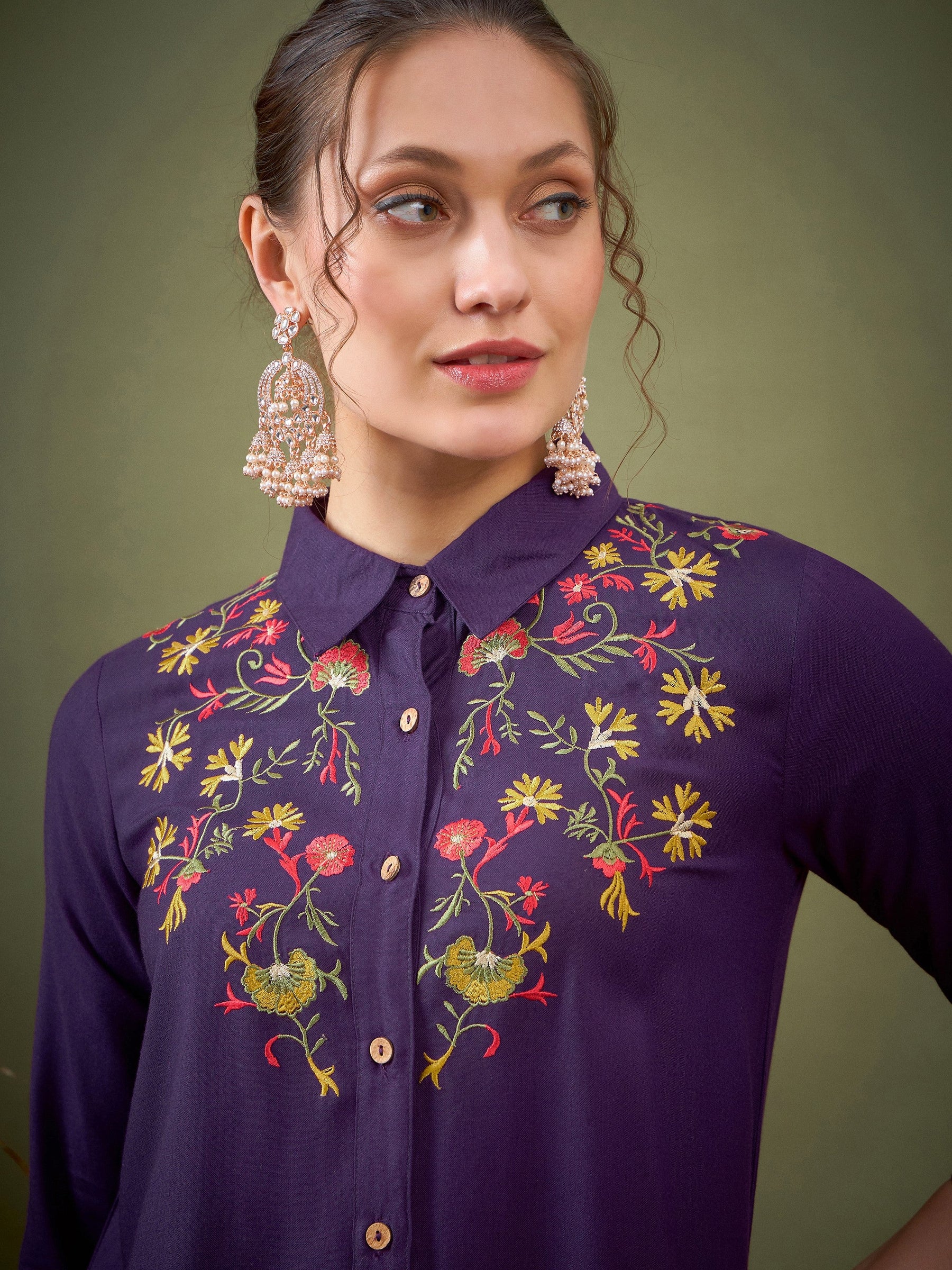 Purple Front Embroidered Shirt With Palazzos-Shae by SASSAFRAS