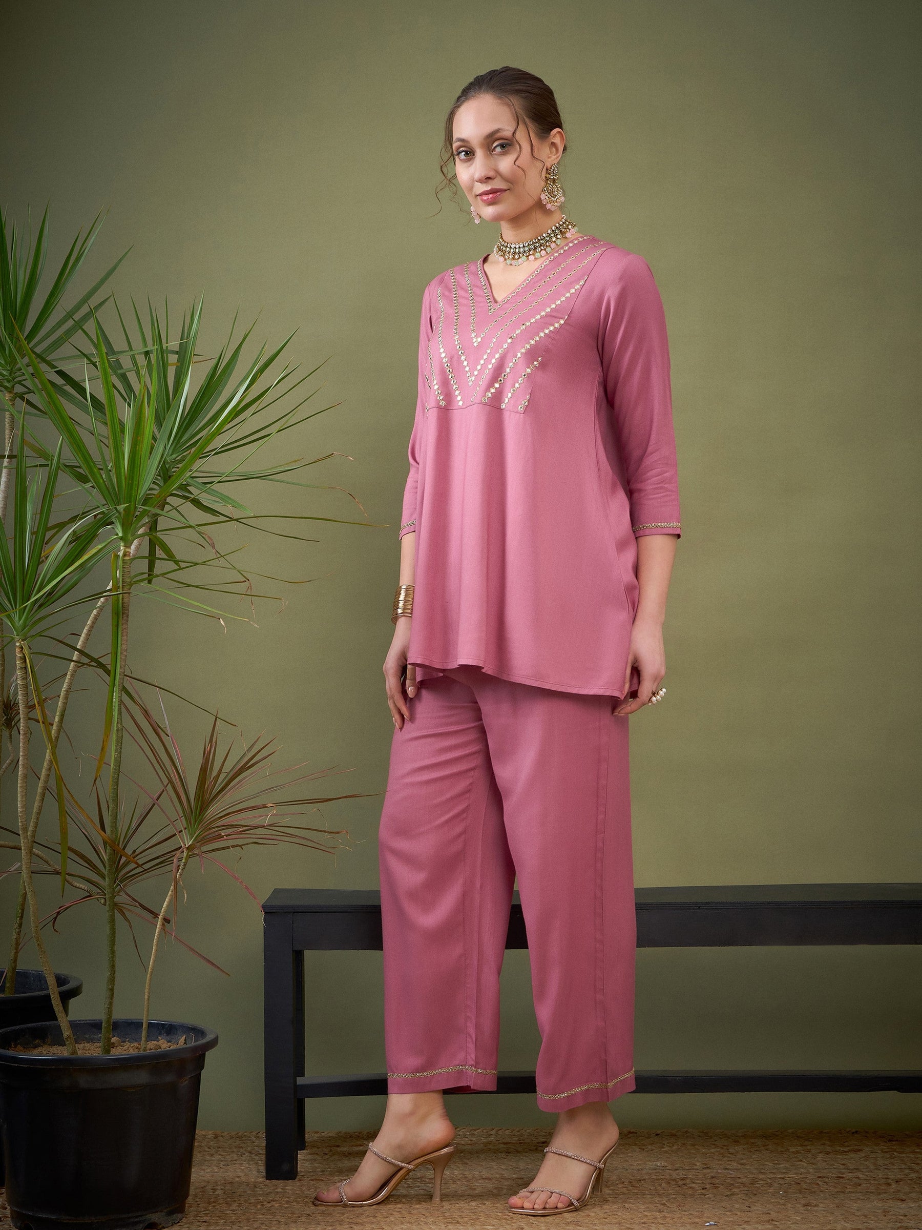 Pink Embroidered A Line Top With Palazzos-Shae by SASSAFRAS