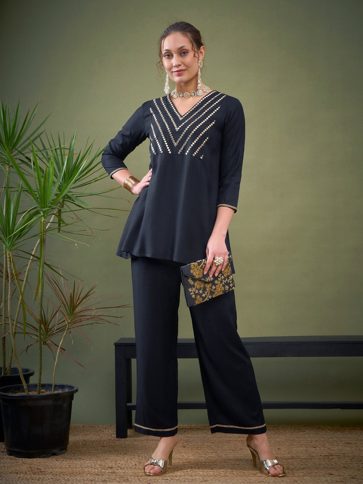 Black Embroidered A Line Top With Palazzos-Shae by SASSAFRAS