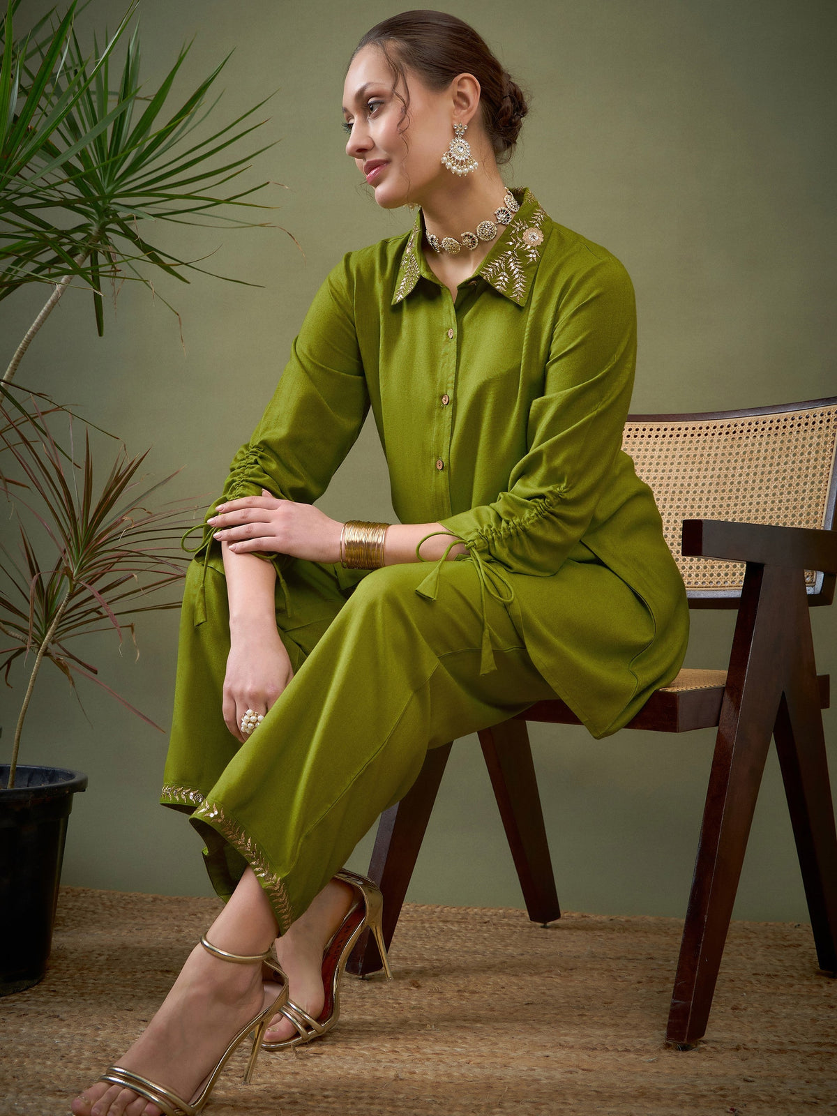 Green Collar Embroidered Shirt With Palazzos-Shae by SASSAFRAS