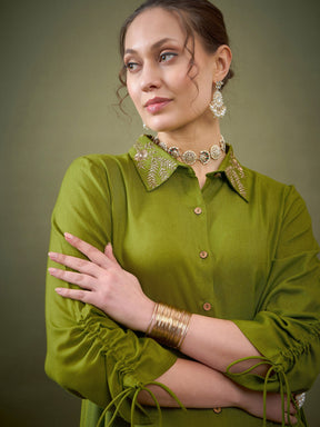 Green Collar Embroidered Shirt With Palazzos-Shae by SASSAFRAS