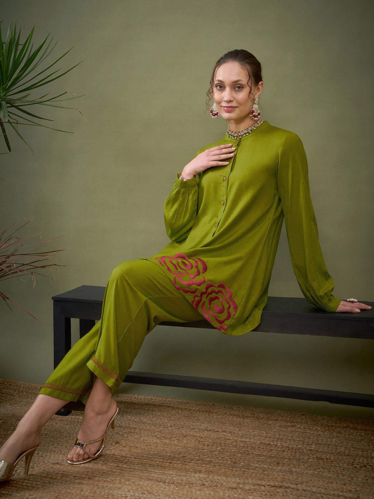 Green Hem Embroidered Shirt With Palazzos-Shae by SASSAFRAS