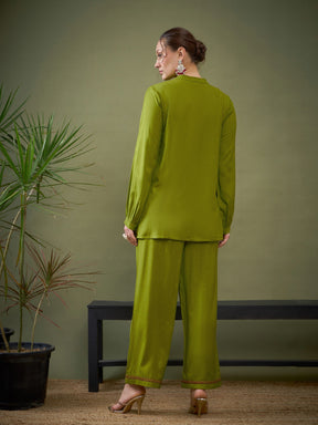 Green Hem Embroidered Shirt With Palazzos-Shae by SASSAFRAS