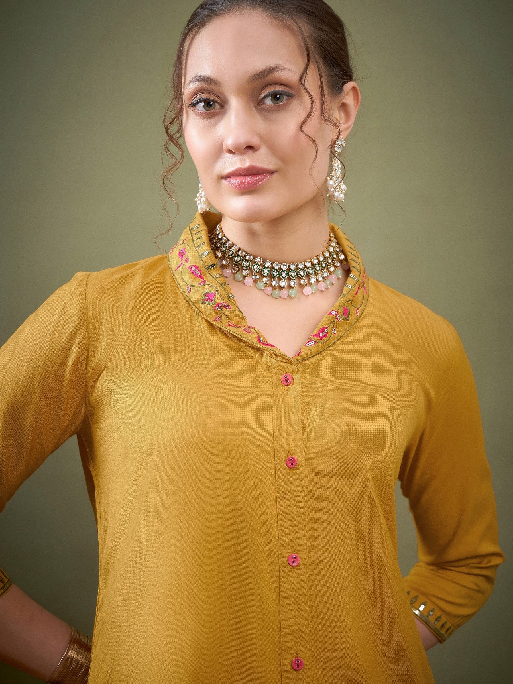 Mustard Shawl Collar Embroidered Shirt With Palazzos-Shae by SASSAFRAS