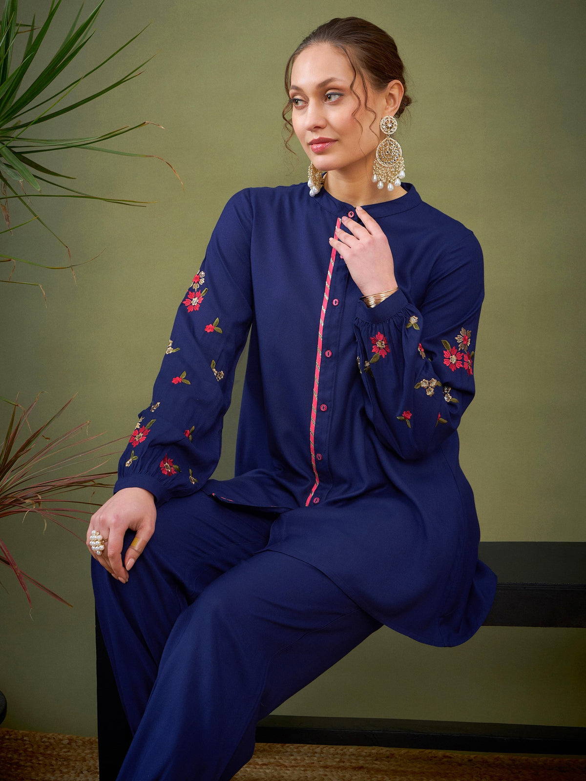 Royal Blue Sleeve Embroidered Shirt With Cuff Pants-Shae by SASSAFRAS