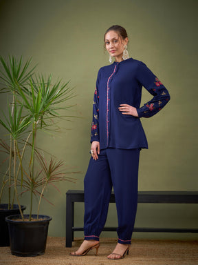Royal Blue Sleeve Embroidered Shirt With Cuff Pants-Shae by SASSAFRAS