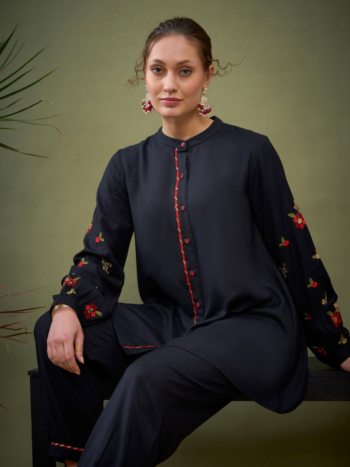 Black Sleeve Embroidered Shirt With Cuff Pants-Shae by SASSAFRAS