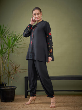 Black Sleeve Embroidered Shirt With Cuff Pants-Shae by SASSAFRAS