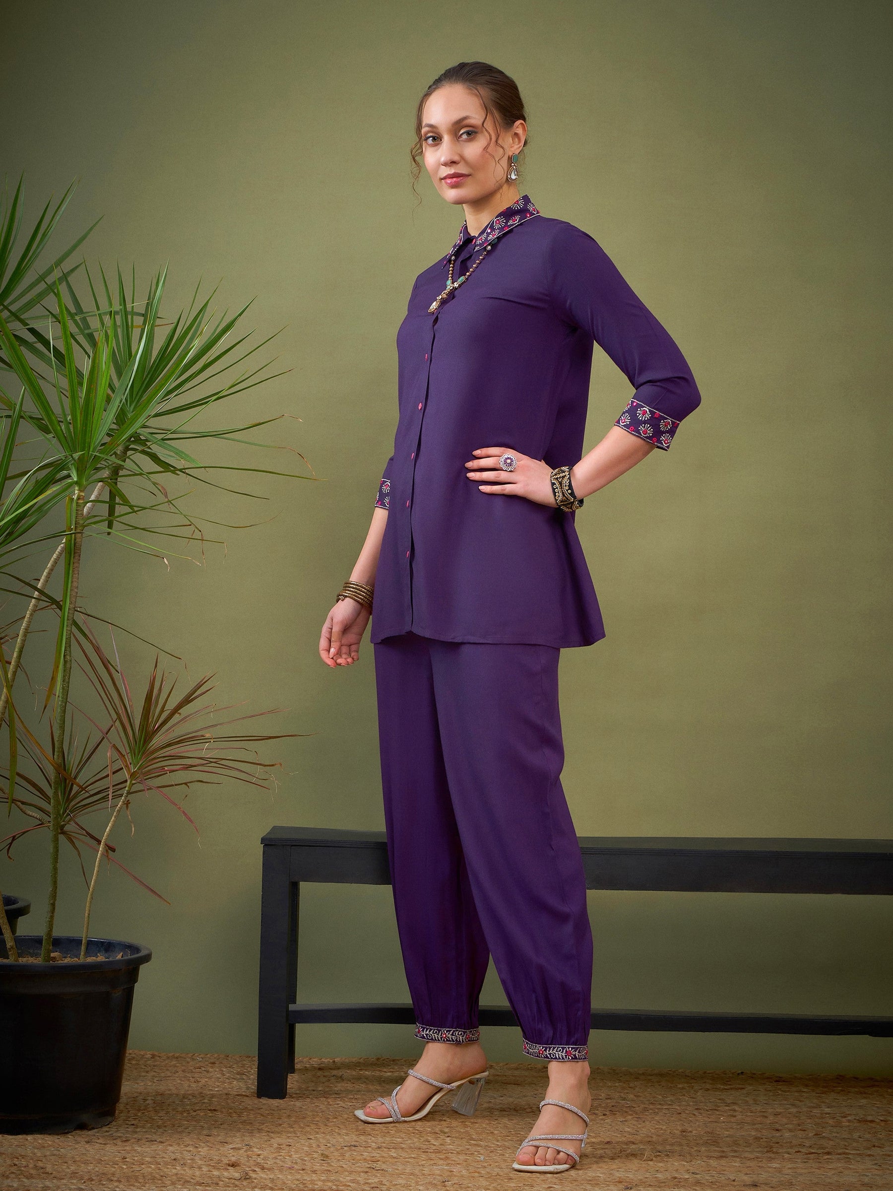 Dark Purple Sleeves & Collar Embroidered Shirt With Cuff Pants-Shae by SASSAFRAS