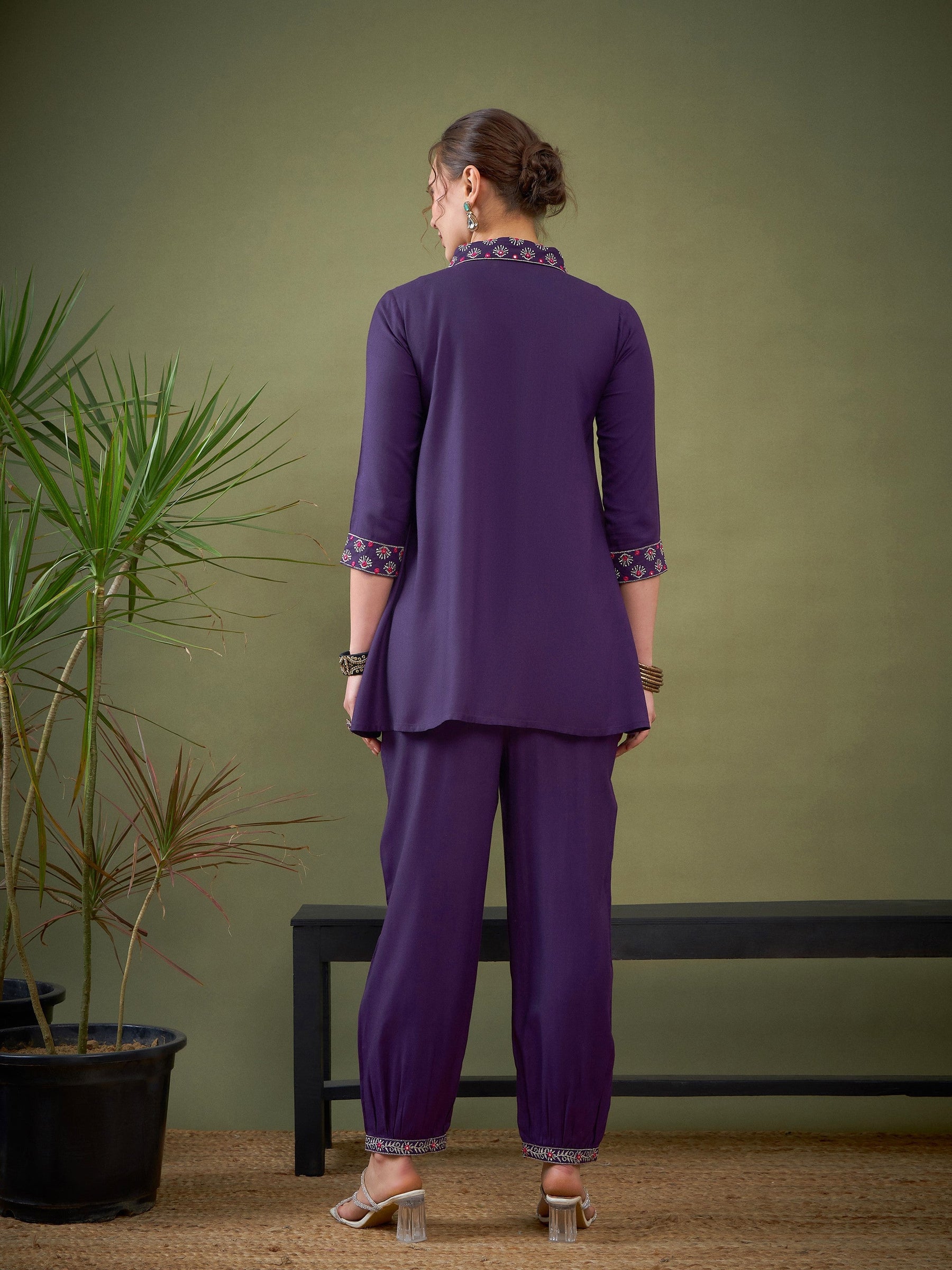 Dark Purple Sleeves & Collar Embroidered Shirt With Cuff Pants-Shae by SASSAFRAS