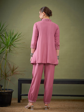 Pink Sleeves & Collar Embroidered Shirt With Cuff Pants-Shae by SASSAFRAS