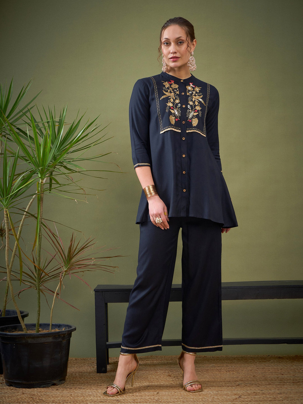 Black Front Yoke Embroidered Shirt With Palazzos-Shae by SASSAFRAS