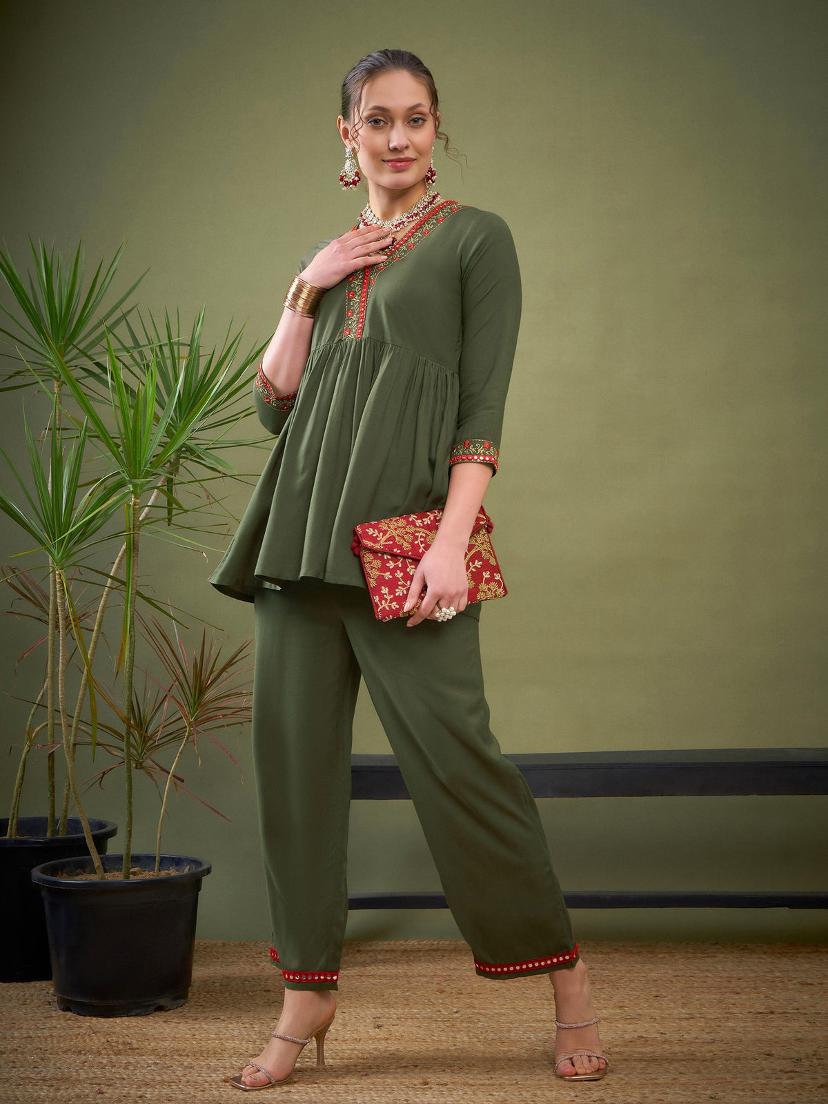 Olive Peplum Embroidered Top With Palazzos-Shae by SASSAFRAS