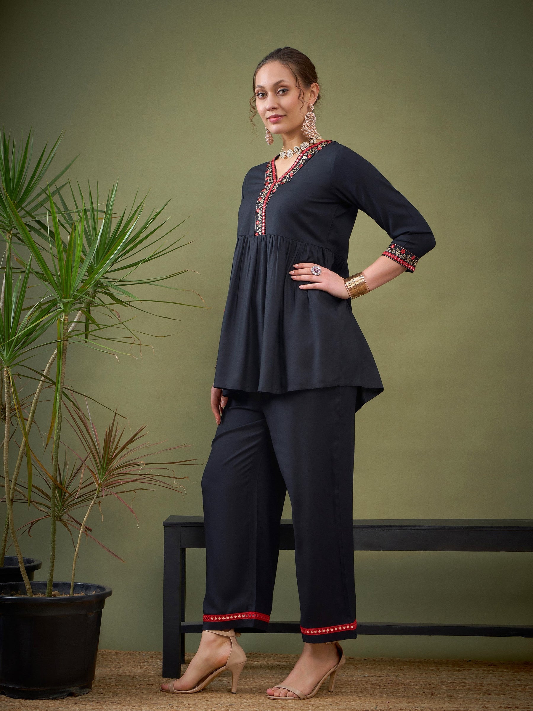 Black Peplum Embroidered Top With Palazzos-Shae by SASSAFRAS