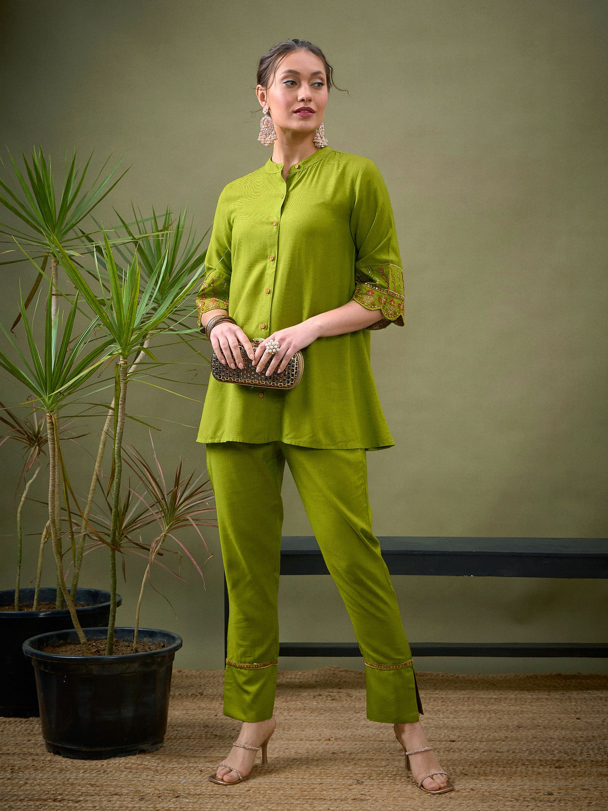 Green Sleeves Embroidered Shirt With Palazzos-Shae by SASSAFRAS