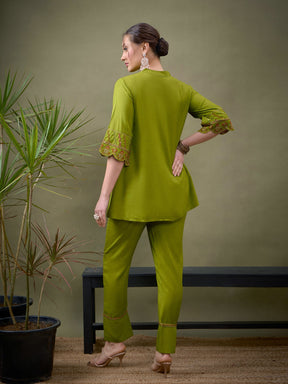 Green Sleeves Embroidered Shirt With Palazzos-Shae by SASSAFRAS