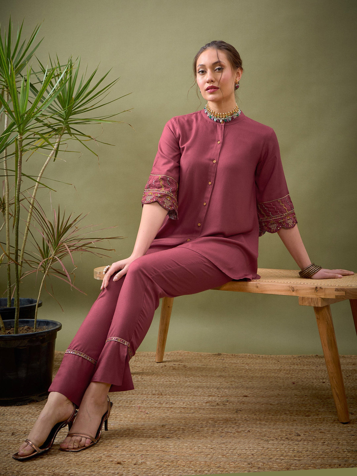 Pink Sleeves Embroidered Shirt With Palazzos-Shae by SASSAFRAS