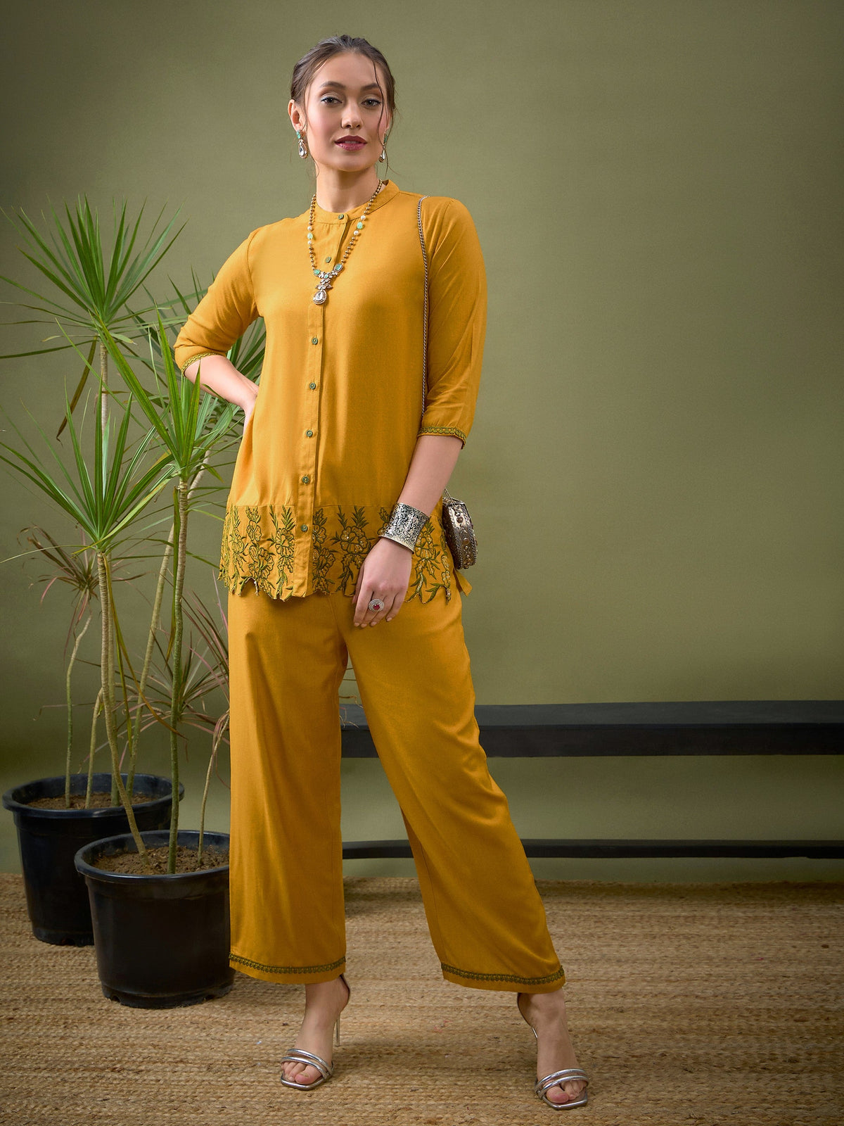 Mustard Placket Embroidered Shirt With Palazzos-Shae by SASSAFRAS