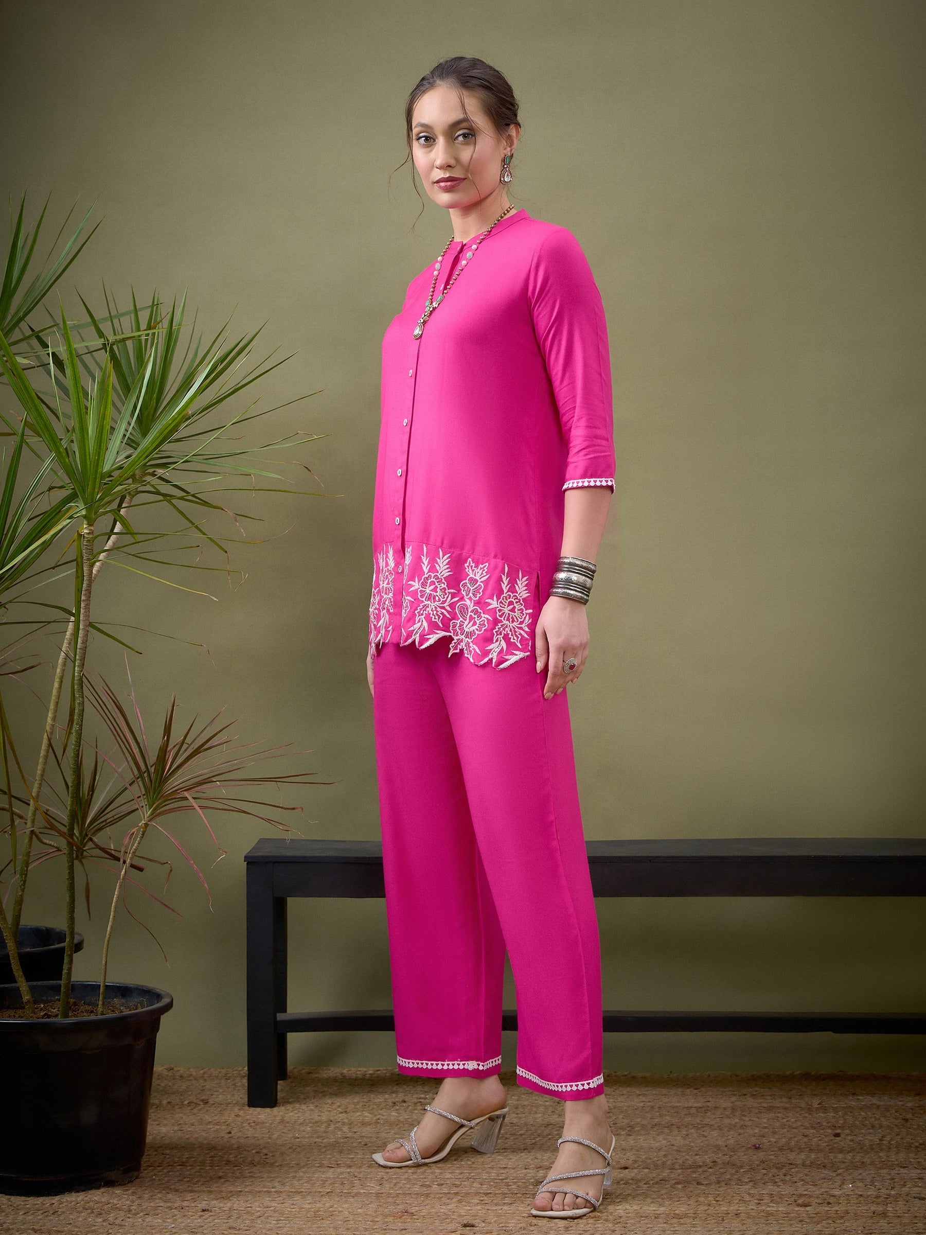 Fuchsia Placket Embroidered Shirt With Palazzos-Shae by SASSAFRAS