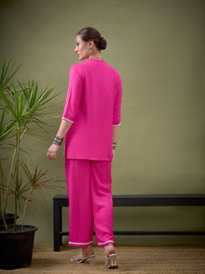 Fuchsia Placket Embroidered Shirt With Palazzos-Shae by SASSAFRAS
