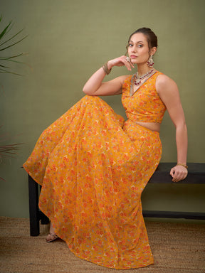 Yellow Floral Anarkali Skirt With Crop Top-Shae by SASSAFRAS