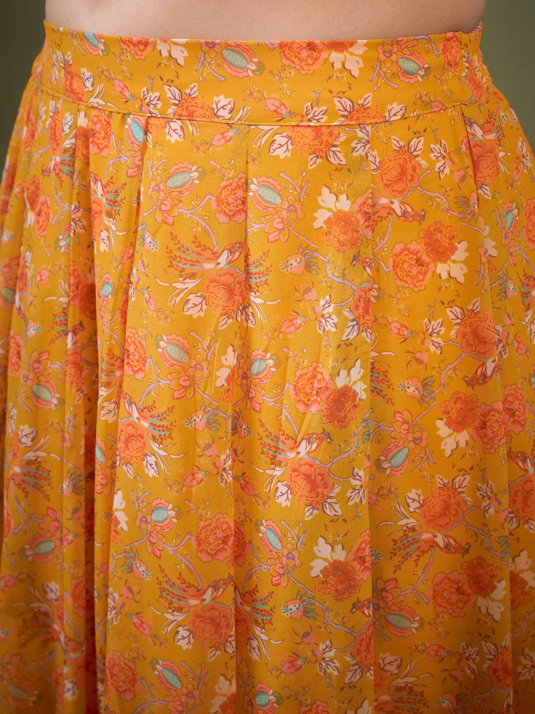 Yellow Floral Anarkali Skirt With Crop Top-Shae by SASSAFRAS