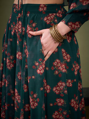 Green Floral Anarkali Skirt With Peplum Crop Top-Shae by SASSAFRAS