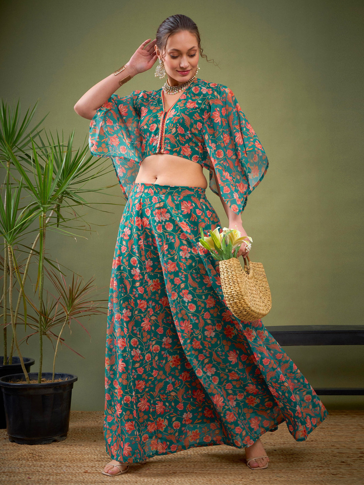 Teal Green Floral Anarkali Skirt With Crop Blouse-Shae by SASSAFRAS