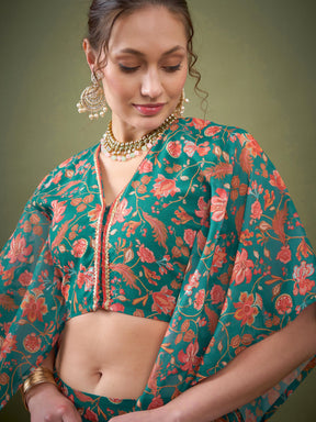 Teal Green Floral Anarkali Skirt With Crop Blouse-Shae by SASSAFRAS
