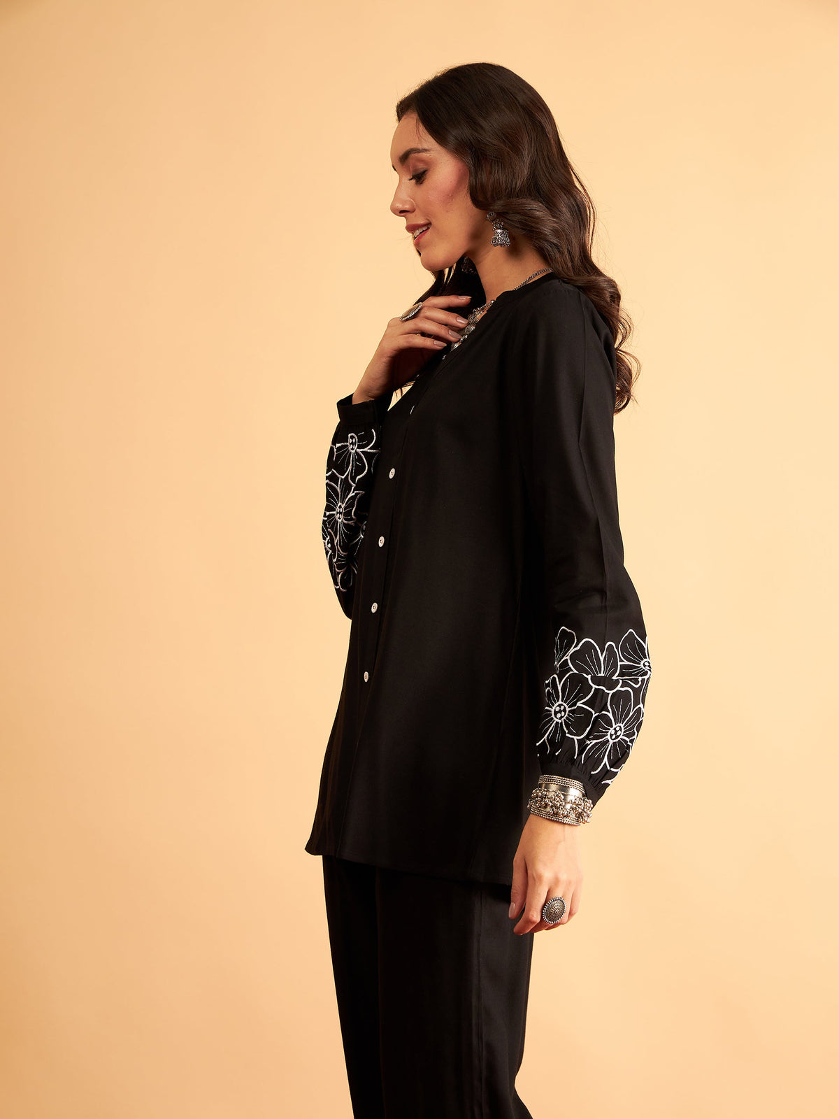 Black Rayon Full Sleeves Embroidered Shirt-Shae by SASSAFRAS