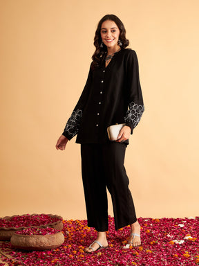 Black Rayon Full Sleeves Embroidered Shirt-Shae by SASSAFRAS