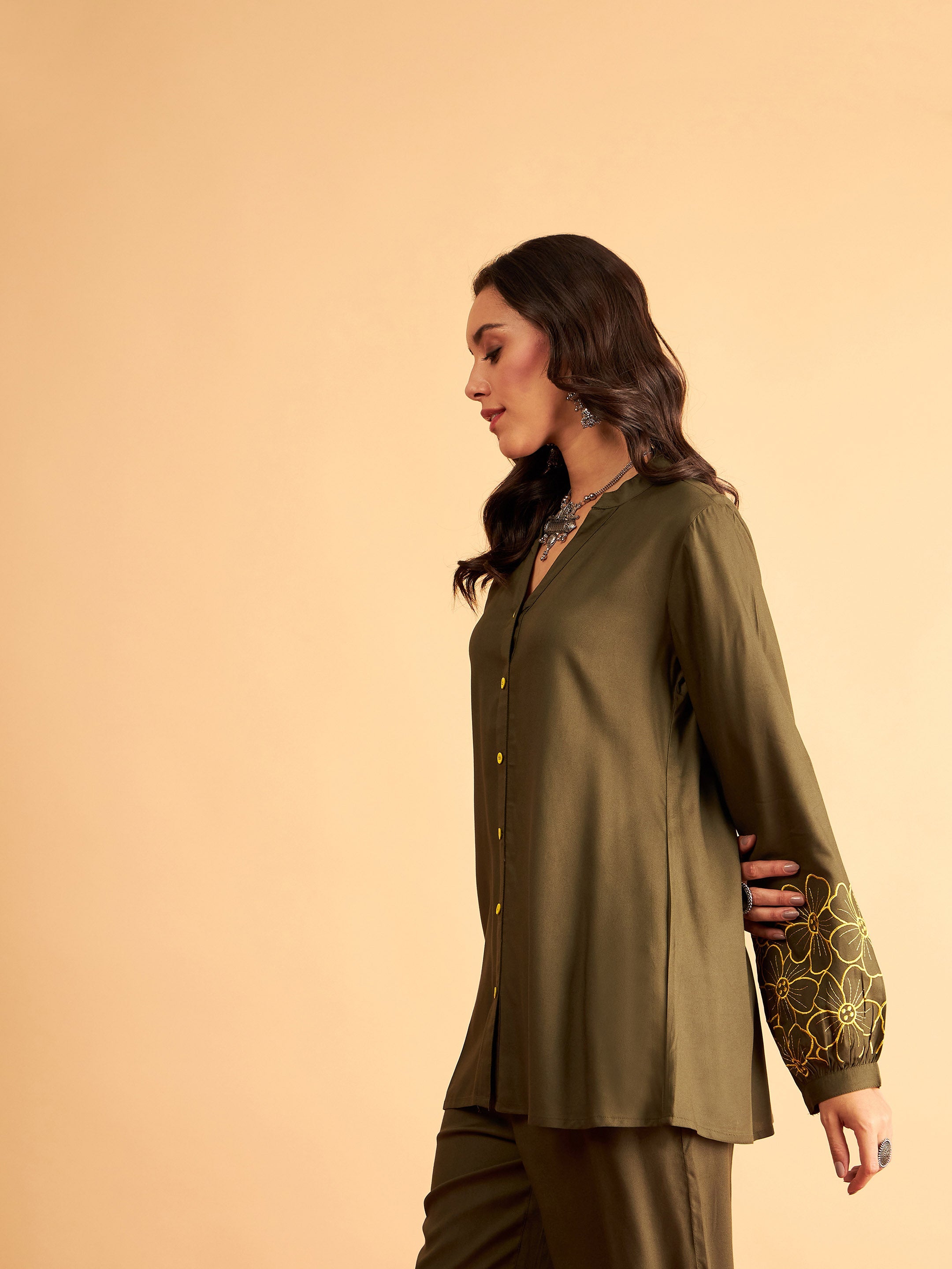 Olive Rayon Full Sleeves Embroidered Shirt-Shae by SASSAFRAS