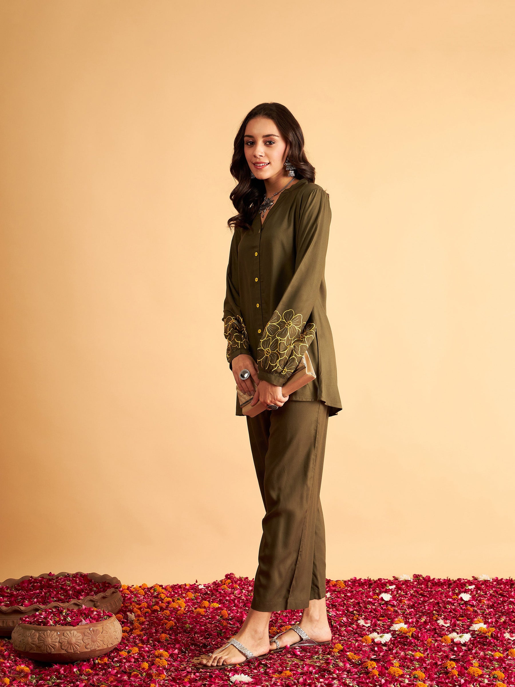Olive Rayon Full Sleeves Embroidered Shirt-Shae by SASSAFRAS