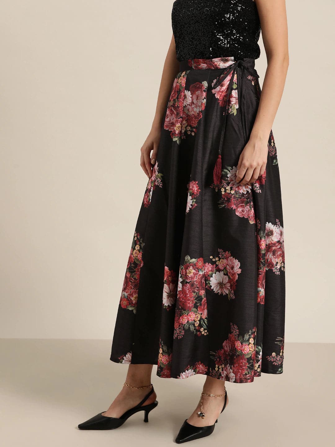 Black Floral Anarkali Skirt-Skirts-SASSAFRAS