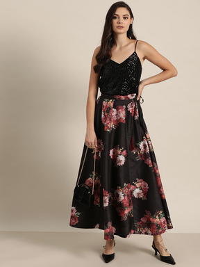 Black Floral Anarkali Skirt