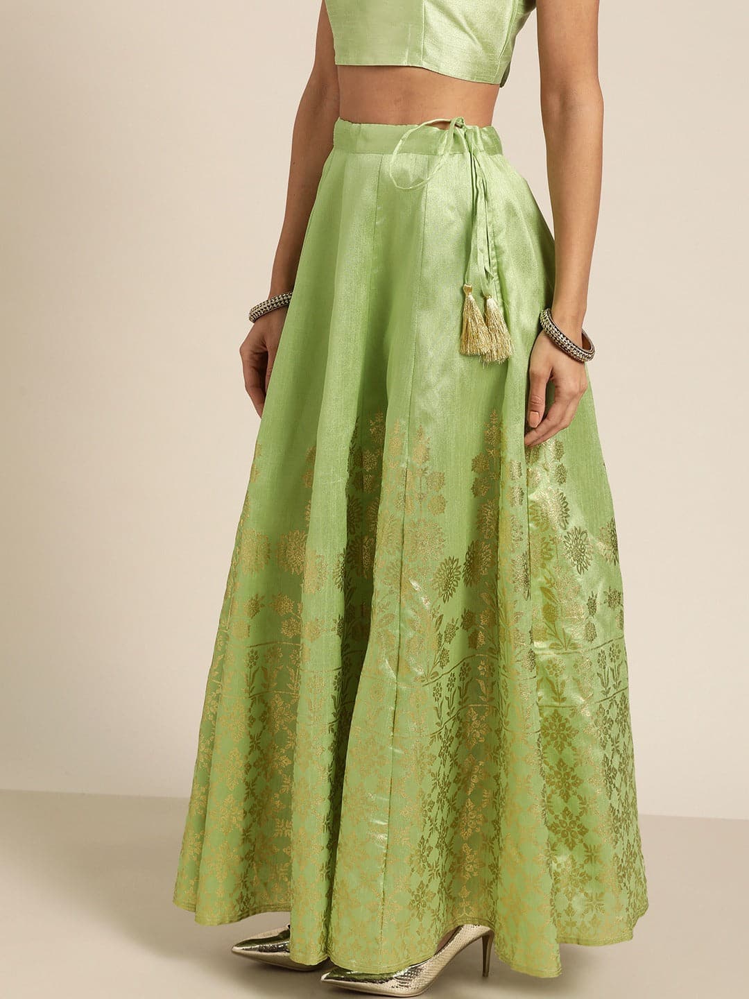 Mint Green Foil Print Anarkali Skirt-Skirts-SASSAFRAS