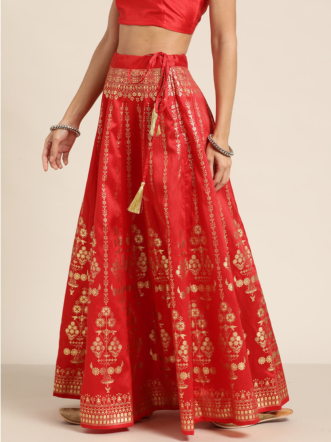 Red Foil Print Anarkali Skirt