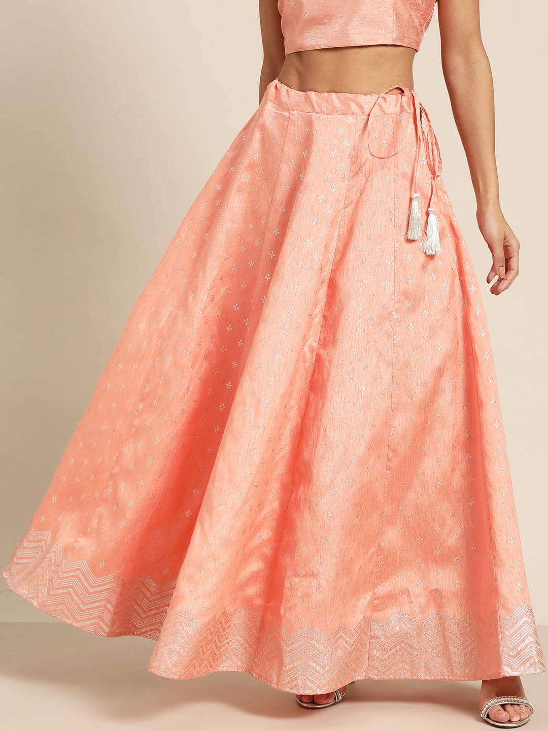 Peach Silver Foil Anarkali Skirt-Skirts-SASSAFRAS