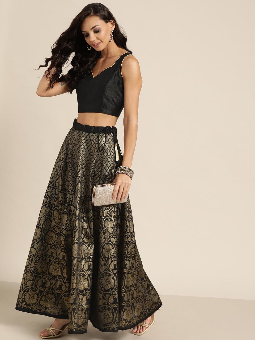 Black Kali Foil Print Anarkali Skirt-Skirts-SASSAFRAS