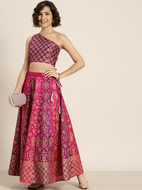 Fuchsia & Purple Foil Print Anarkali Skirt-Skirts-SASSAFRAS