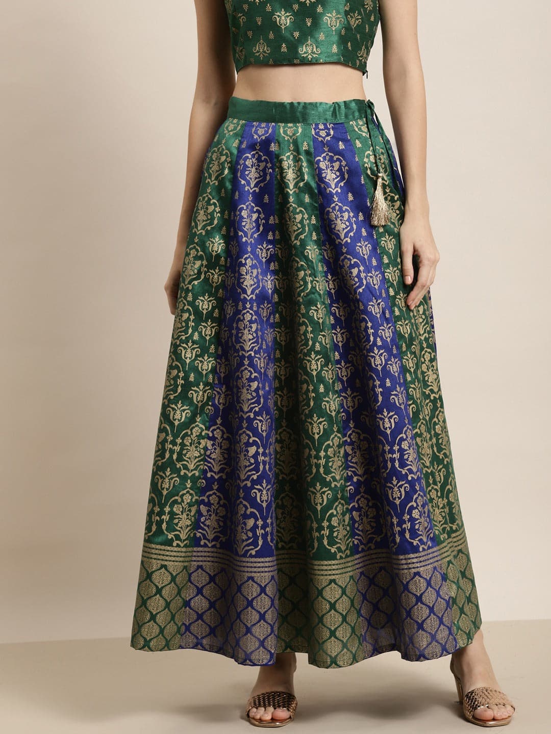 Green & Blue Foil Print Anarkali Skirt-Skirts-SASSAFRAS