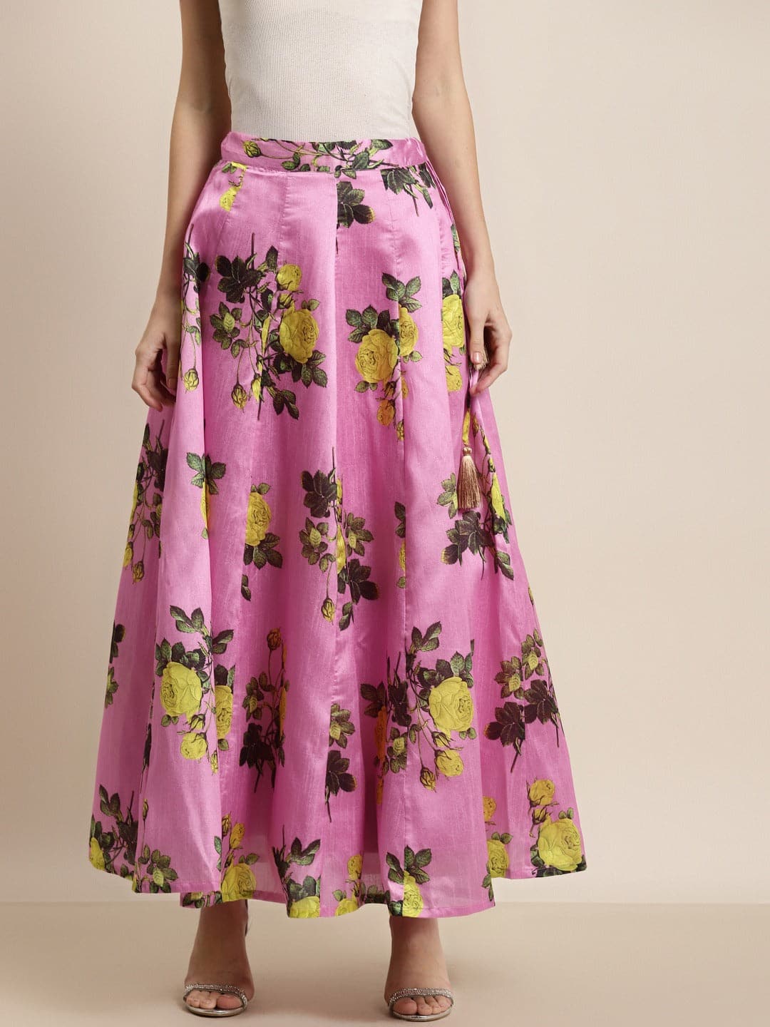 Pink Floral Anarkali Skirt-Skirts-SASSAFRAS