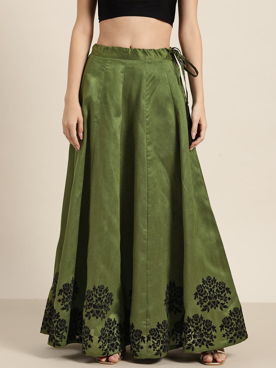 Green Flock Print Anarkali Skirt-Skirts-SASSAFRAS