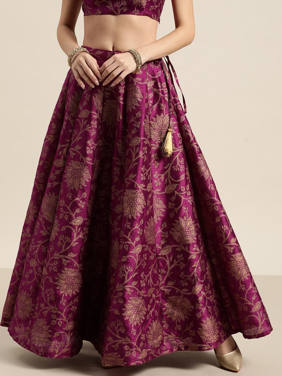 Purple Jacquard Floral Anarkali Skirt-Skirts-SASSAFRAS