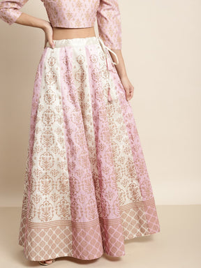Pink & Cream Foil Floral Anarkali Skirt-Skirts-SASSAFRAS