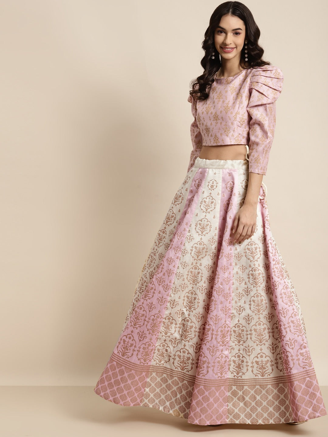 Pink & Cream Foil Floral Anarkali Skirt
